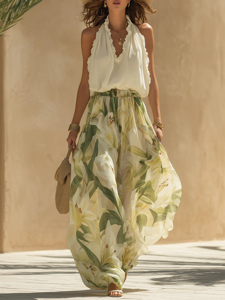 Lila Chiffon Ruffled Top and Lily Print Pants Set