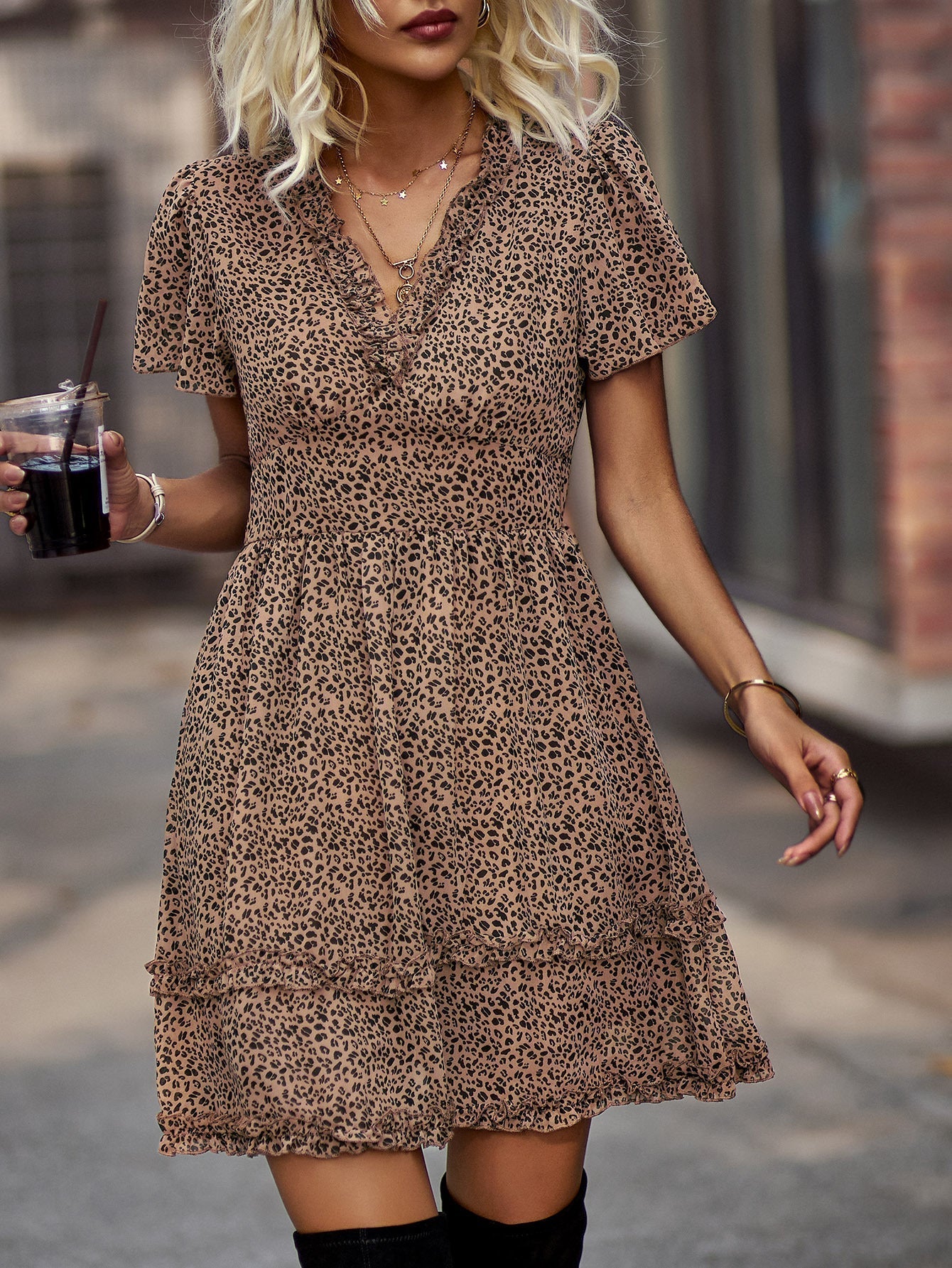 Layered chiffon dress with polka dots and V-neck