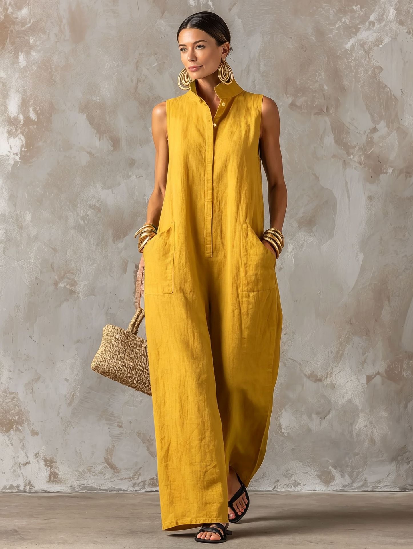 Jerline™ Sleeveless Maxi Jumpsuit Wide Leg Style with Front Pockets