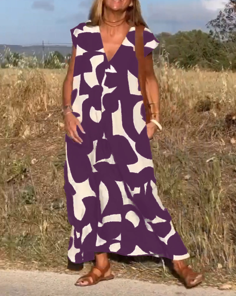 NAOMI | Long Printed Dress with V-Neck and Flared Fit for a Vacation Look