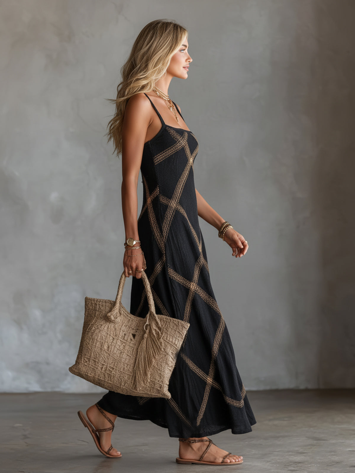 MARIGOLD | Geometric Print Square Neck Maxi Dress