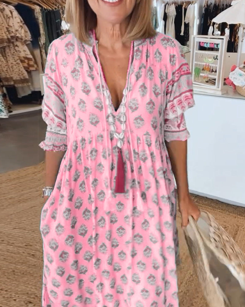 GIULIA | Midi Dress with V-neck and Elegant Balloon Sleeves