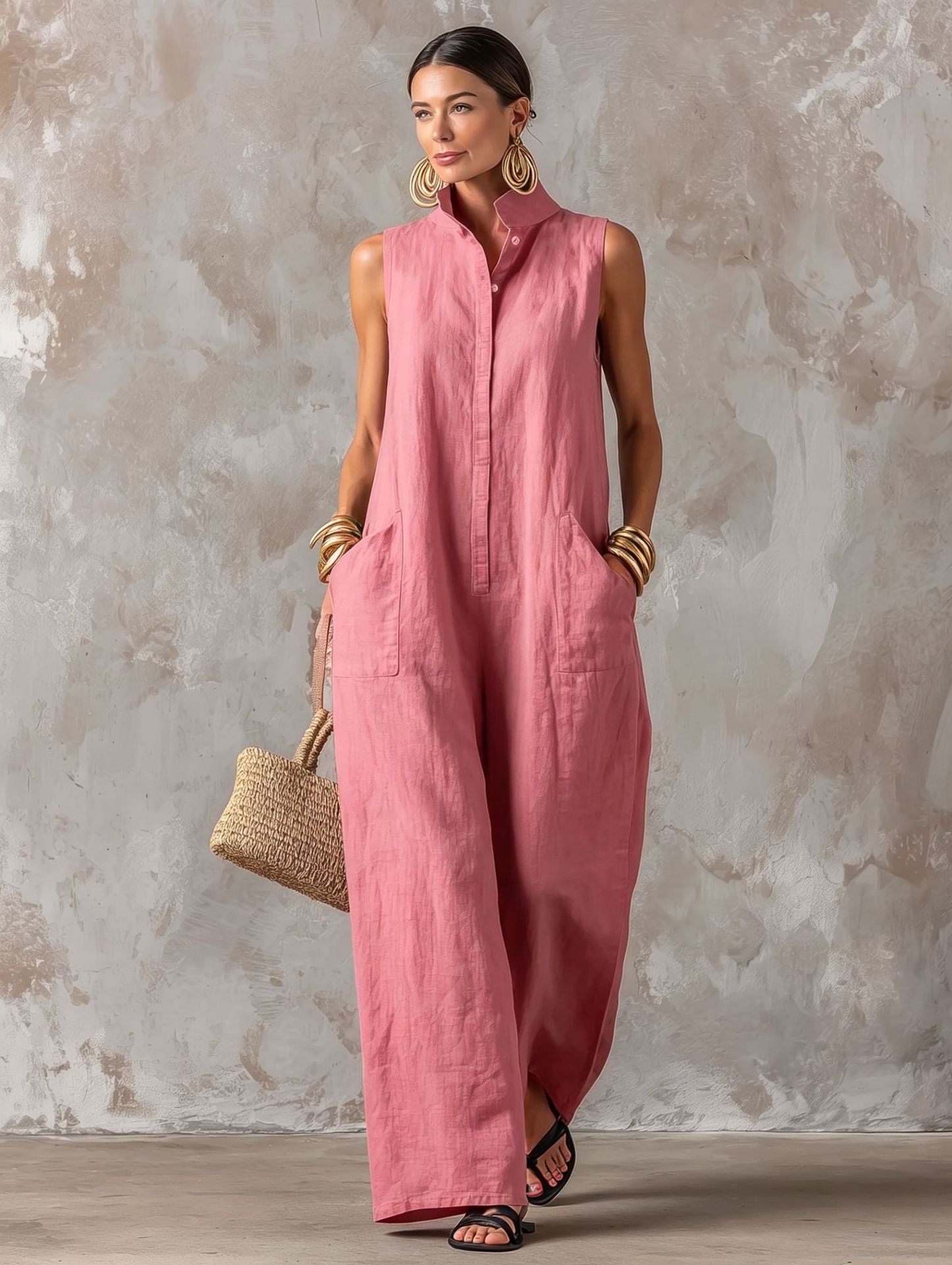 Jerline™ Sleeveless Maxi Jumpsuit Wide Leg Style with Front Pockets
