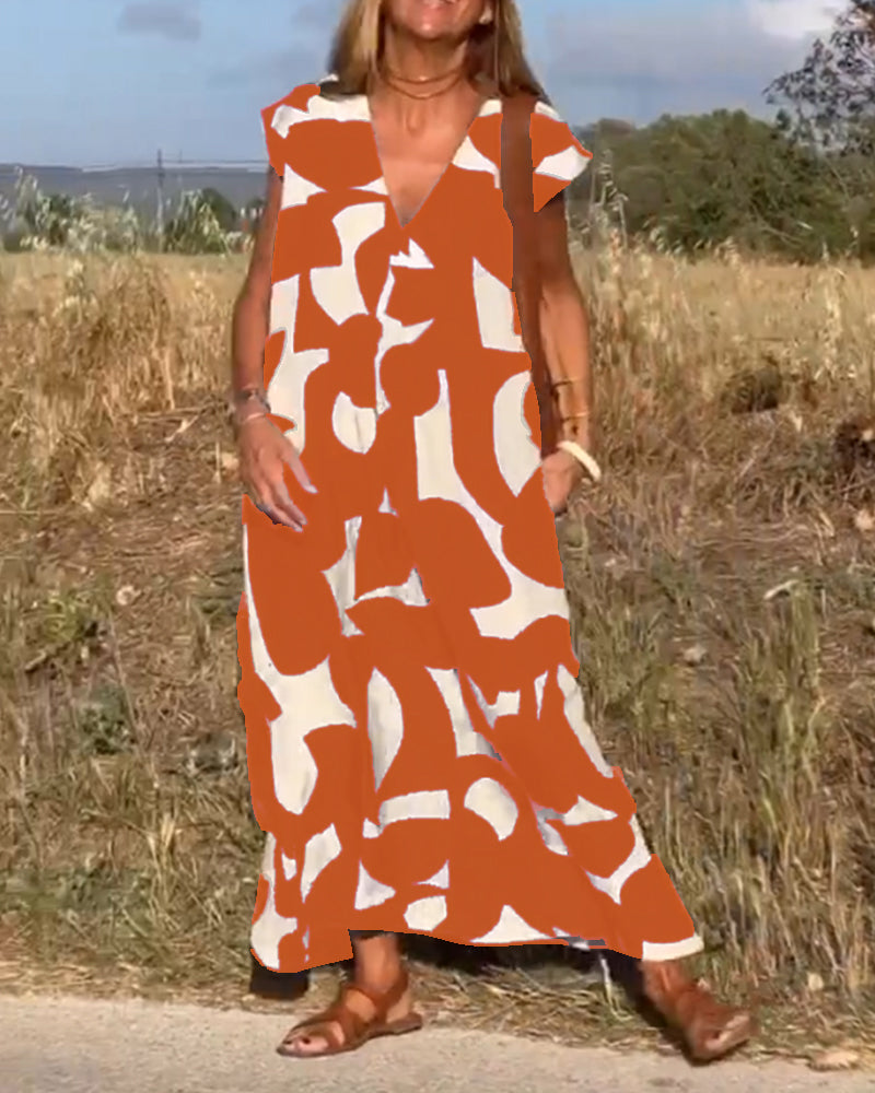 NAOMI | Long Printed Dress with V-Neck and Flared Fit for a Vacation Look