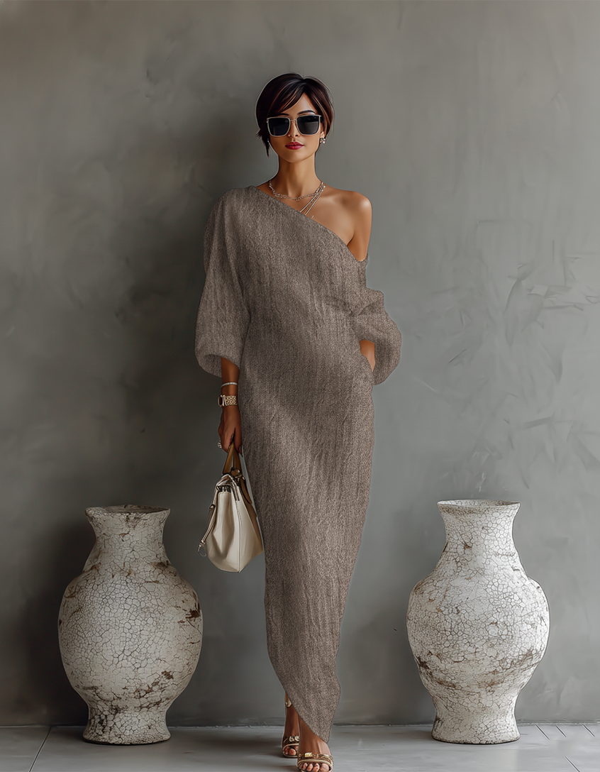Elegant Flowing Dress in Ivory White with Off-Shoulder Design