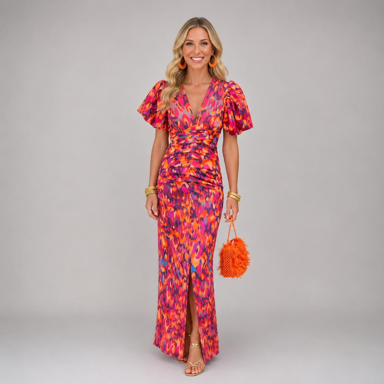MADISON | Puff Sleeve Maxi Dress with Vibrant Statement Style