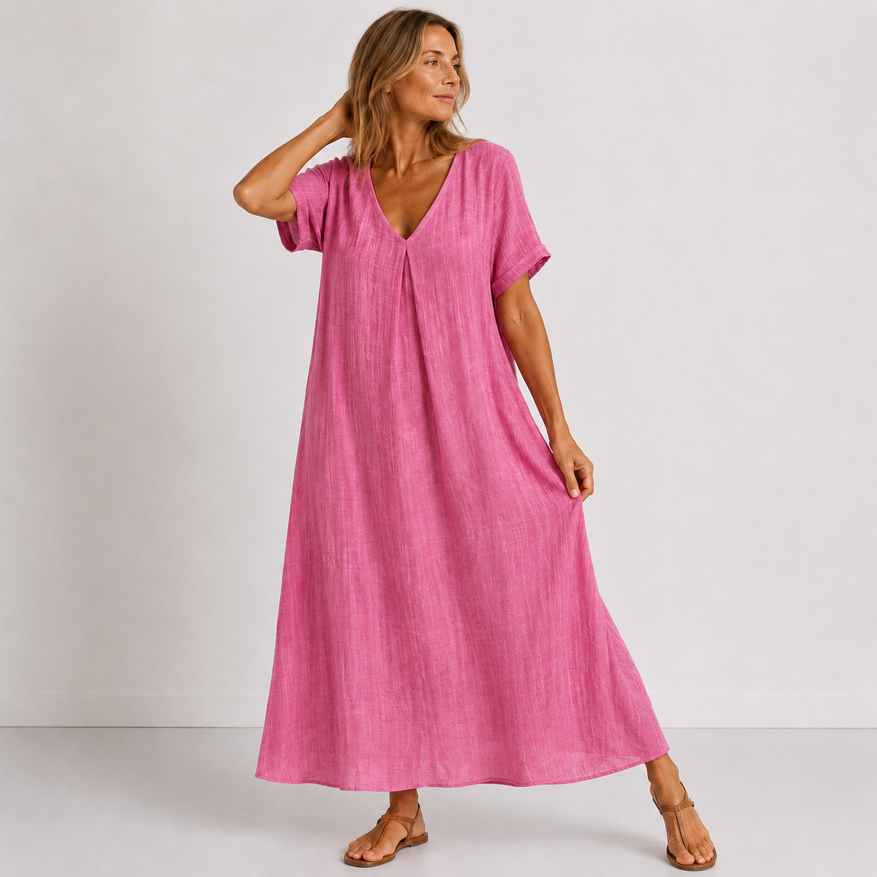 CORA | Green Flowy Maxi Dress with Short Sleeves