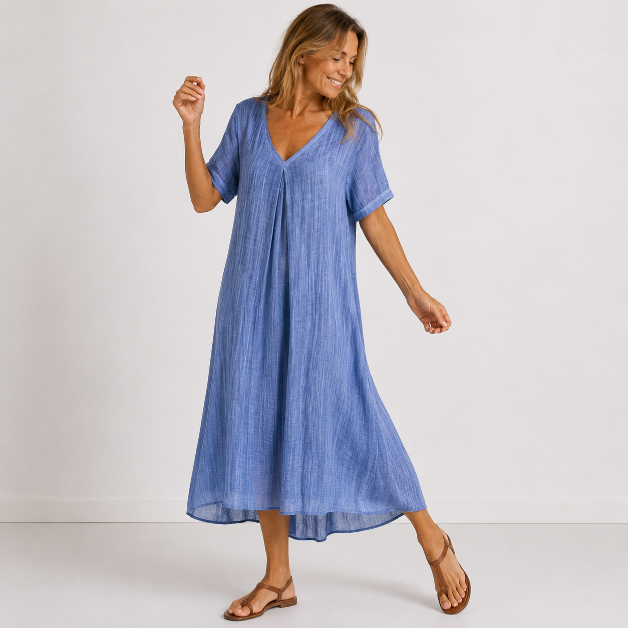 CORA | Green Flowy Maxi Dress with Short Sleeves