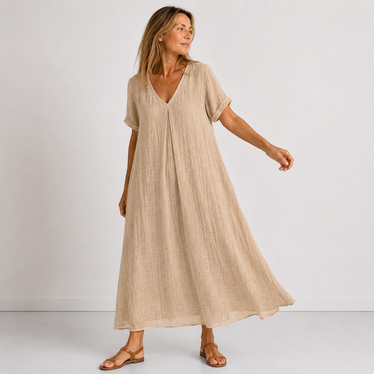 CORA | Green Flowy Maxi Dress with Short Sleeves