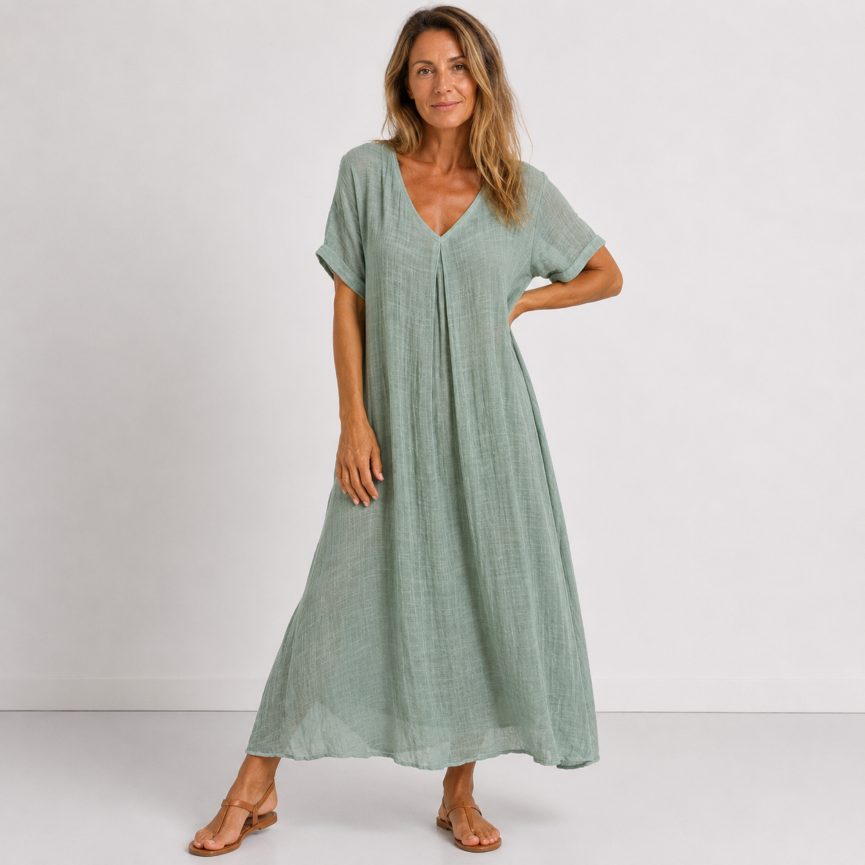CORA | Green Flowy Maxi Dress with Short Sleeves