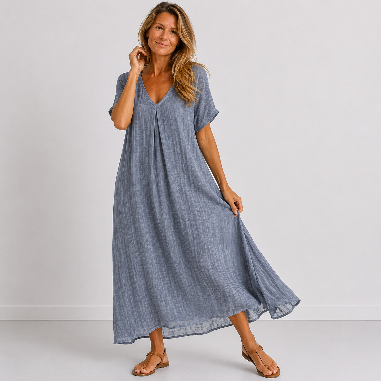 CORA | Green Flowy Maxi Dress with Short Sleeves