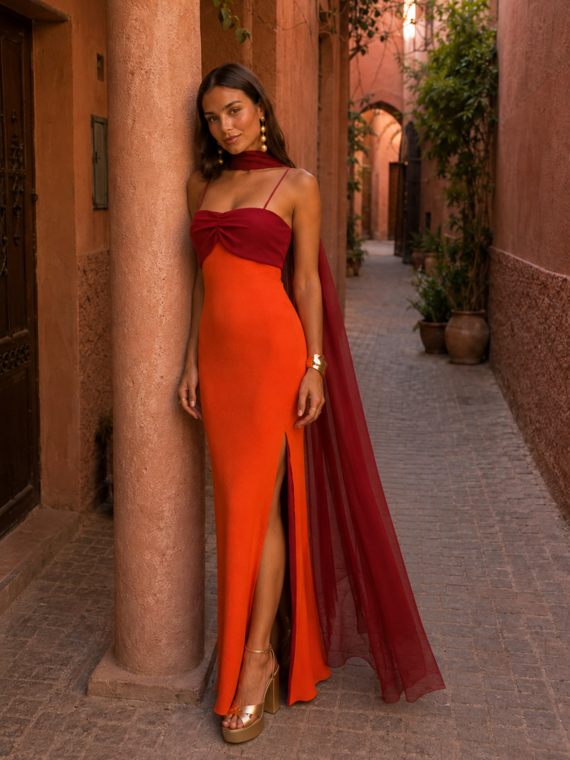 Bicolor Draped Long Dress