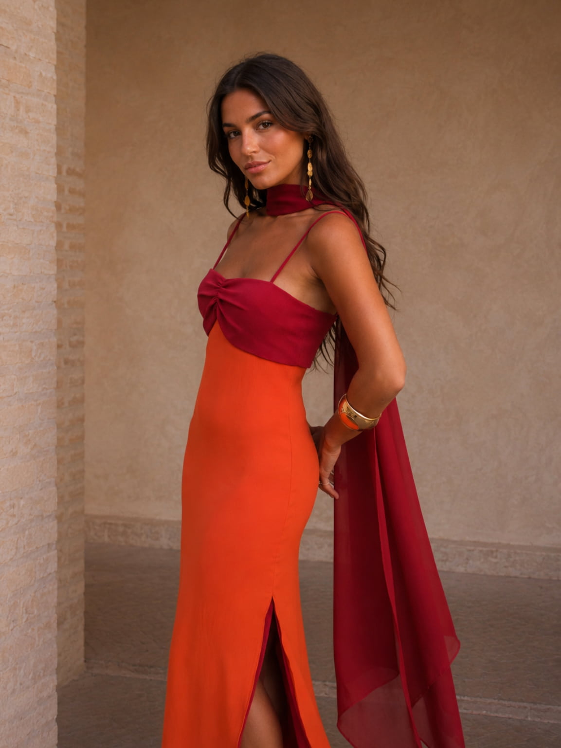 Bicolor Draped Long Dress