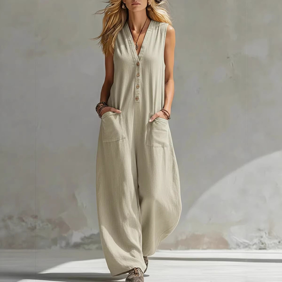 COOPER | V-Neck Button-Front Wide-Leg Jumpsuit with Pockets