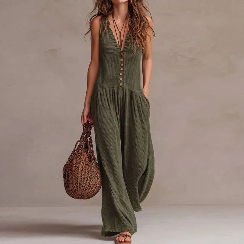 FAWN | V-Neck Button-Front Wide-Leg Jumpsuit