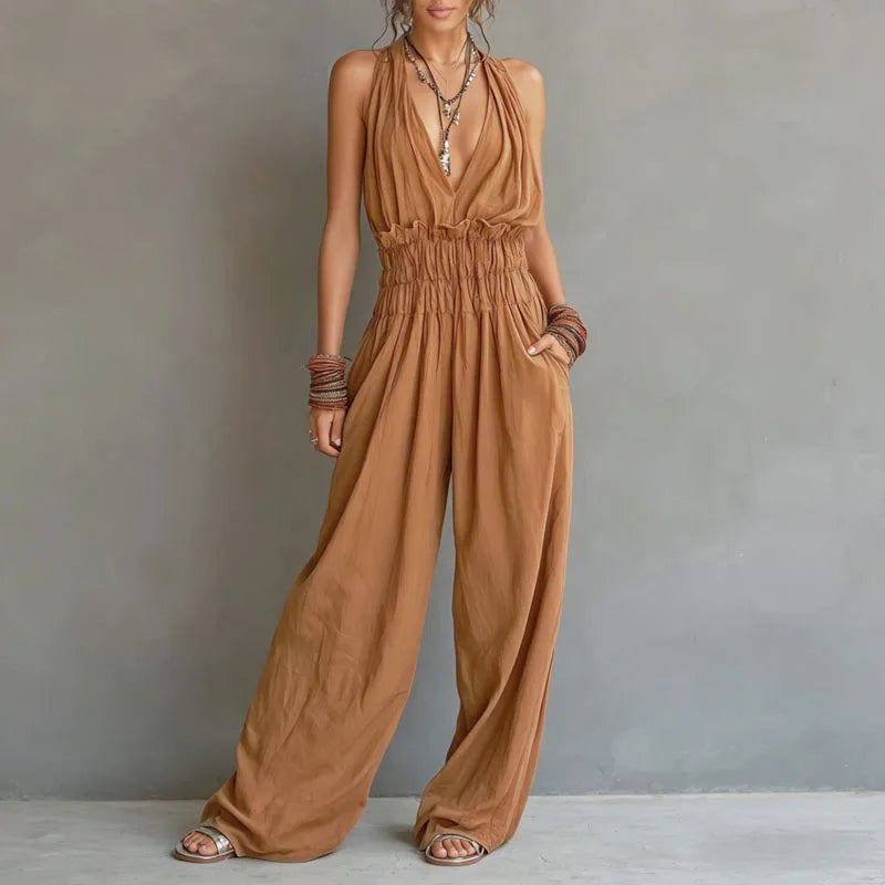 DELANEY | Halter Deep V-Neck Wide-Leg Jumpsuit with Smocked Waist