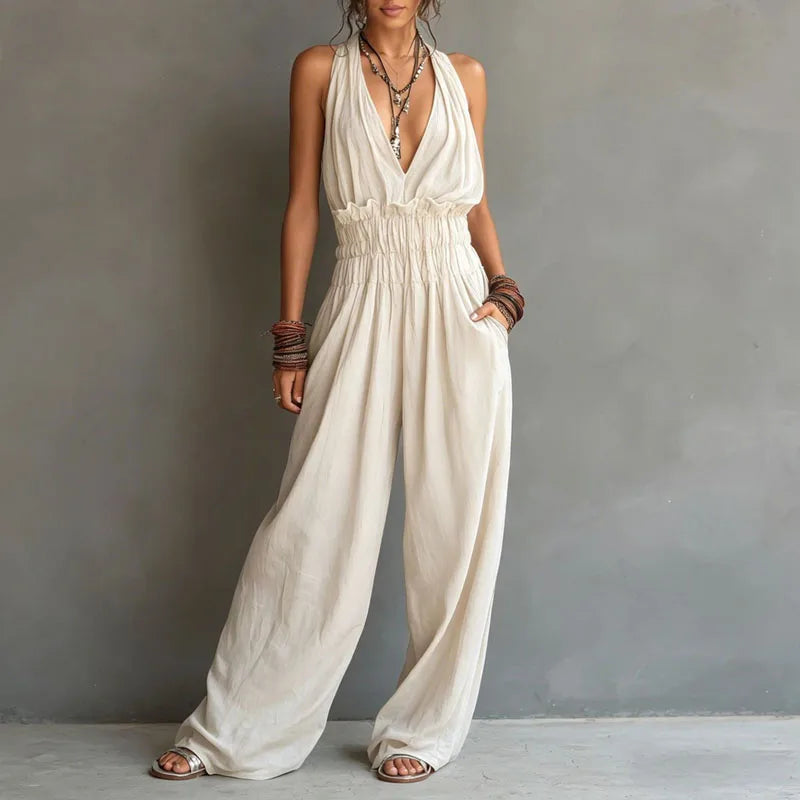 DELANEY | Halter Deep V-Neck Wide-Leg Jumpsuit with Smocked Waist