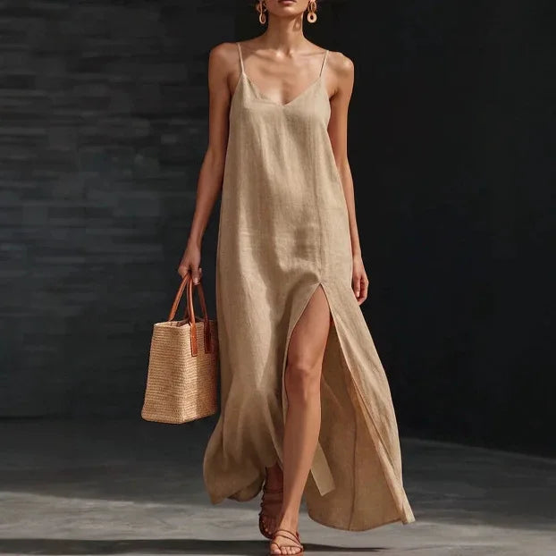 AVA | V-Neck Spaghetti Strap Slip Maxi Dress with Side Slit