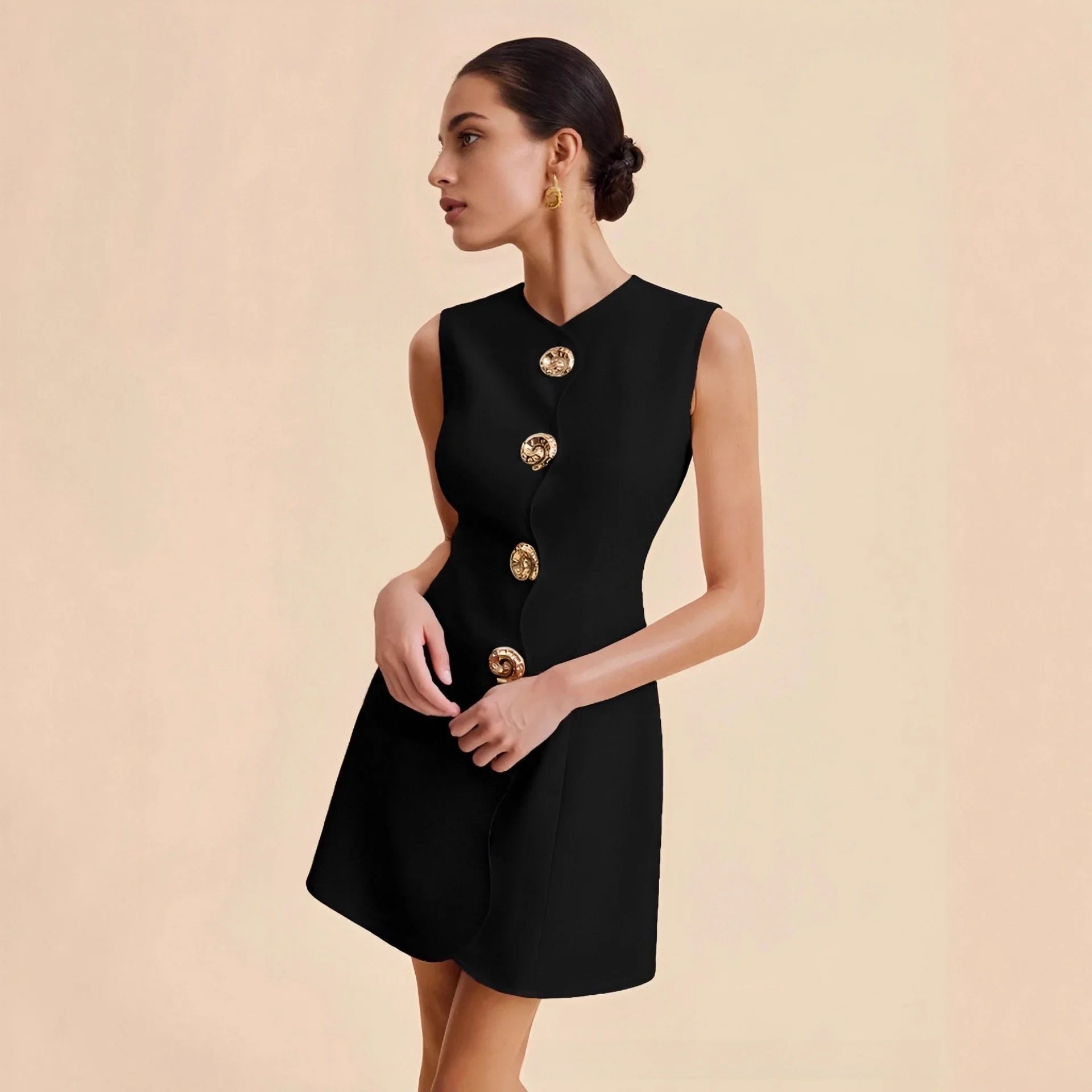 STELLA | V-Neck Mini Dress with Gold Button Detail