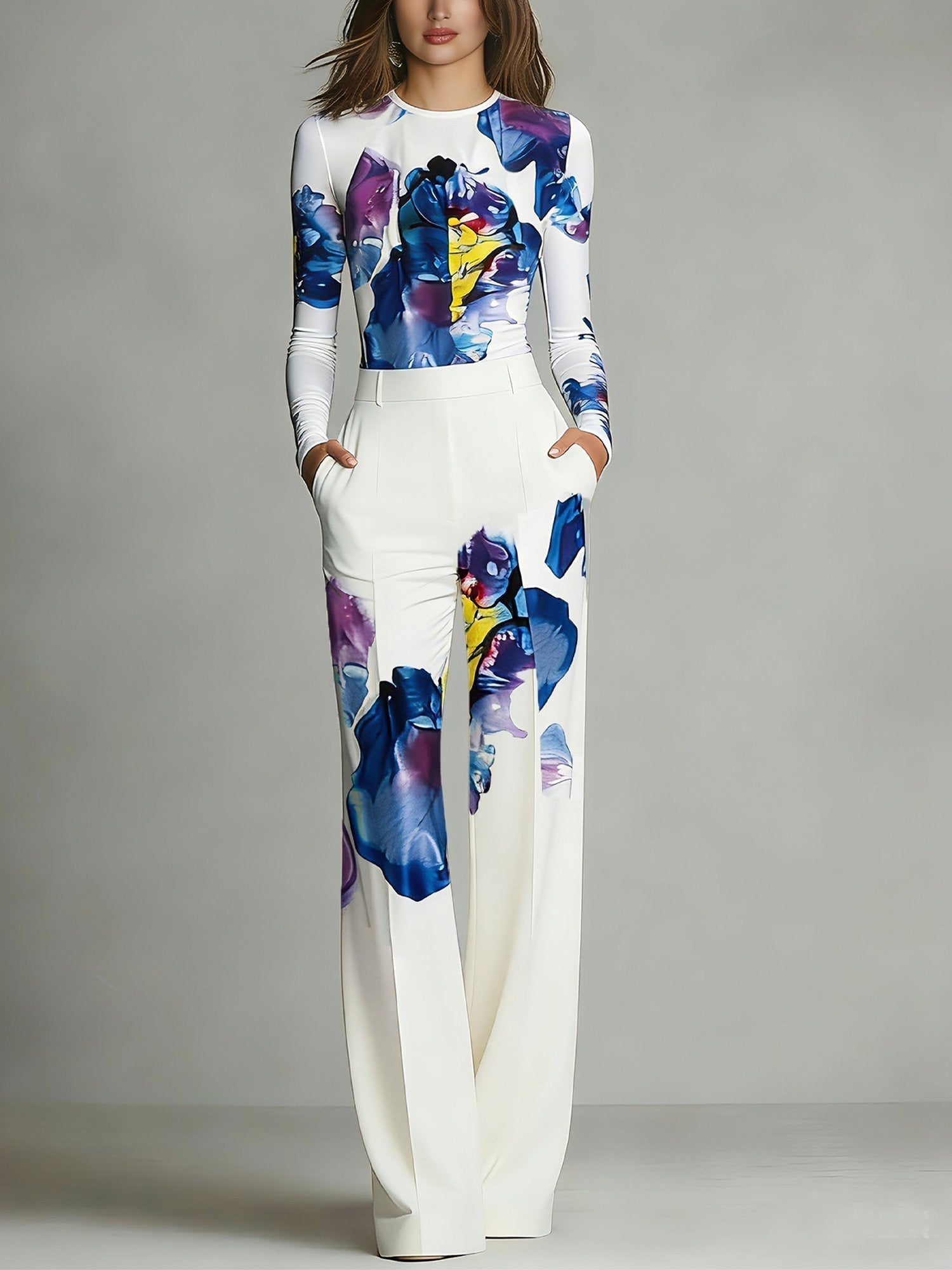 Sienna Color-Blocked Crew Neck Top and Trousers Set