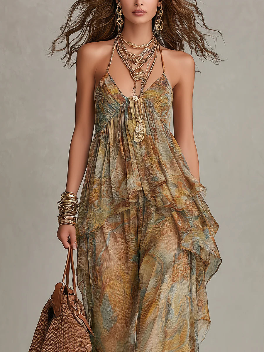Sienna Chiffon Ruffled Camisole and Wide-leg Pants Set