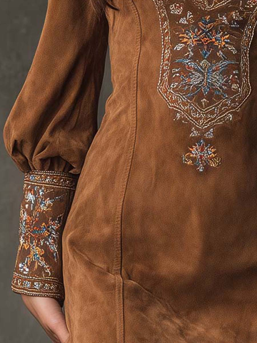 Lunori™ | Mini suede dress with embroidery Purple