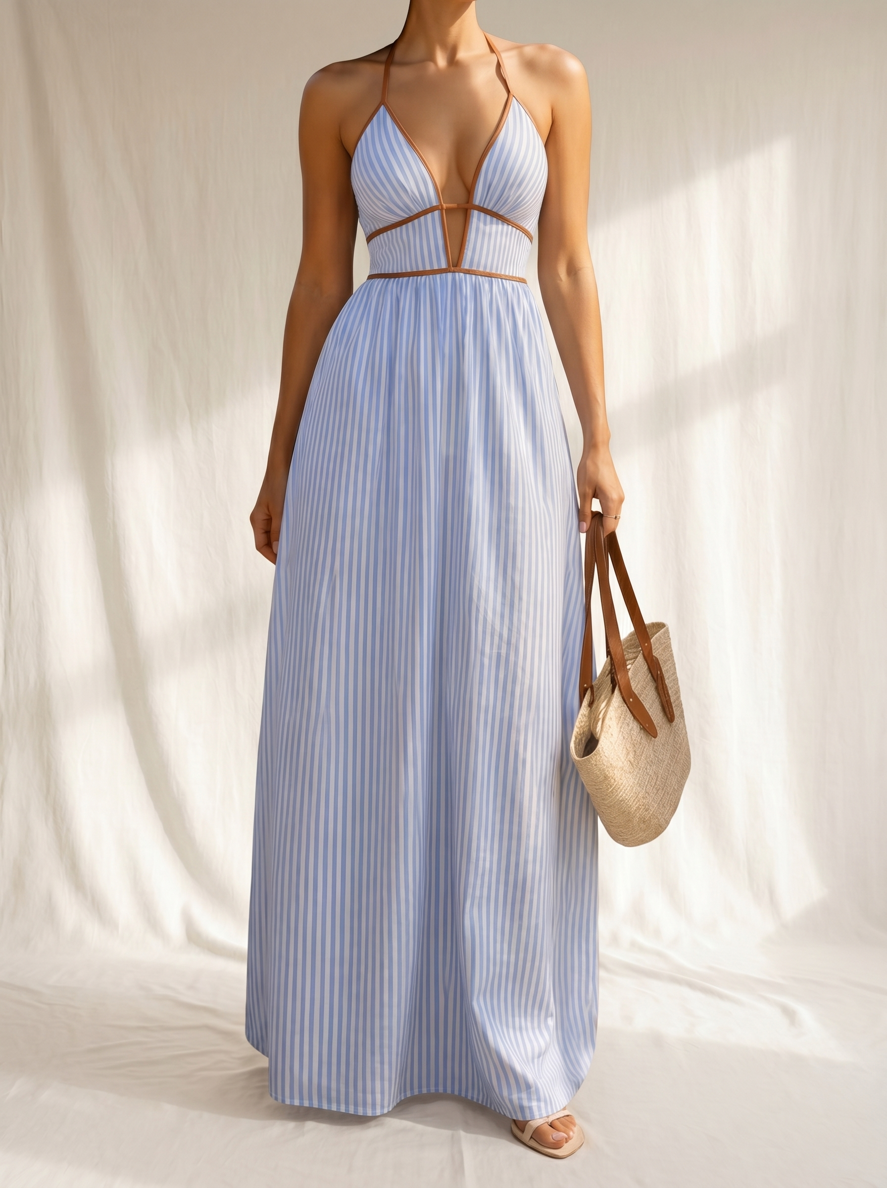 Laurina | Long Striped Dress with Cut-out Neckline