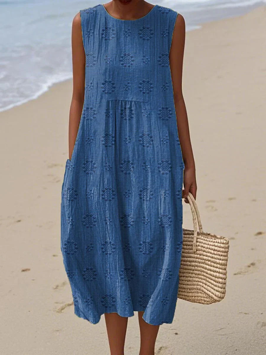 SANNE | Summer Midi Dress with Embroidery and Hidden Pockets