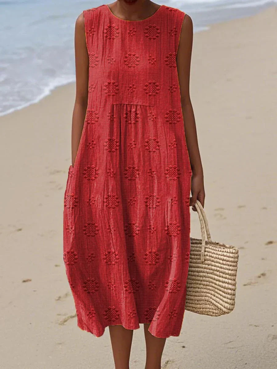 SANNE | Summer Midi Dress with Embroidery and Hidden Pockets