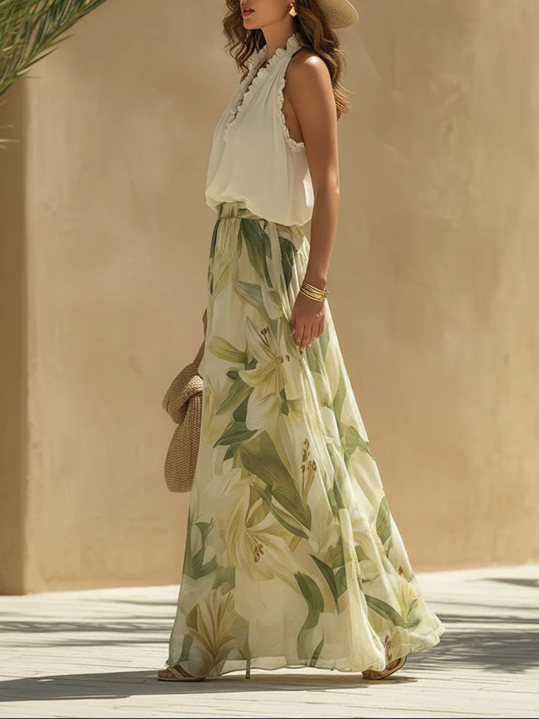 Lila Chiffon Ruffled Top and Lily Print Pants Set