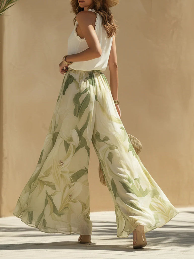 Lila Chiffon Ruffled Top and Lily Print Pants Set