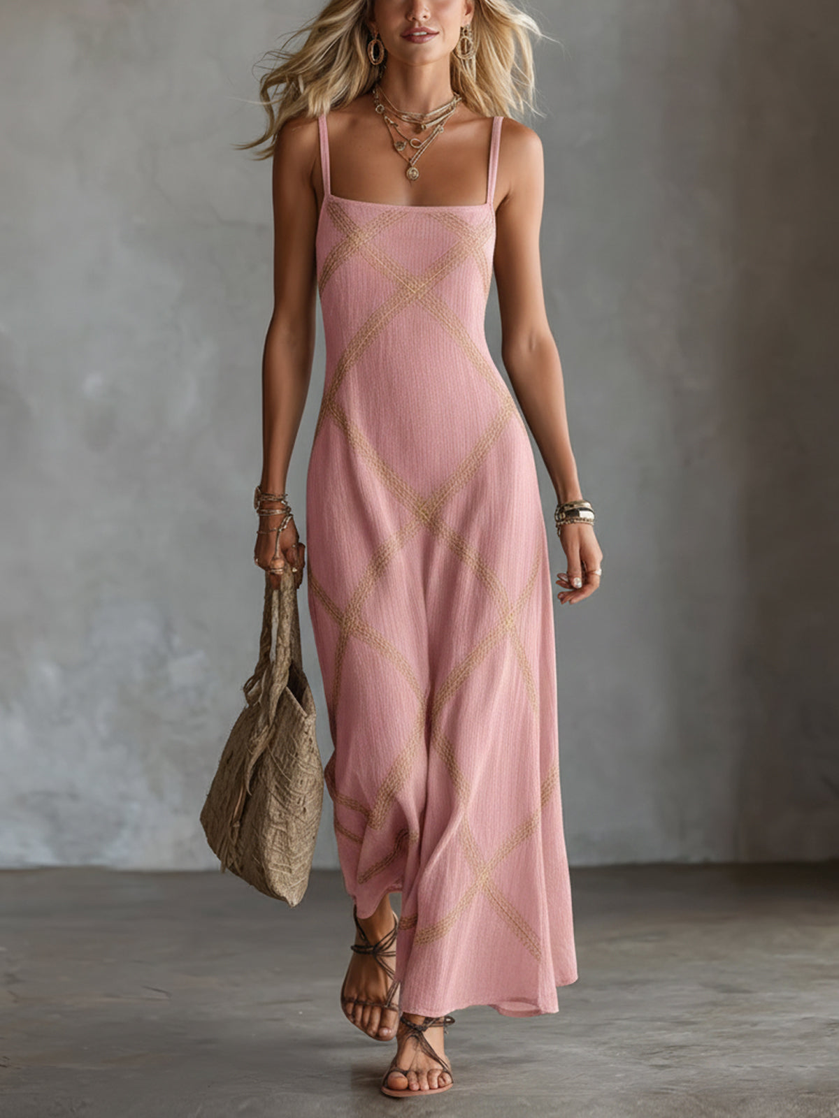 MARIGOLD | Geometric Print Square Neck Maxi Dress