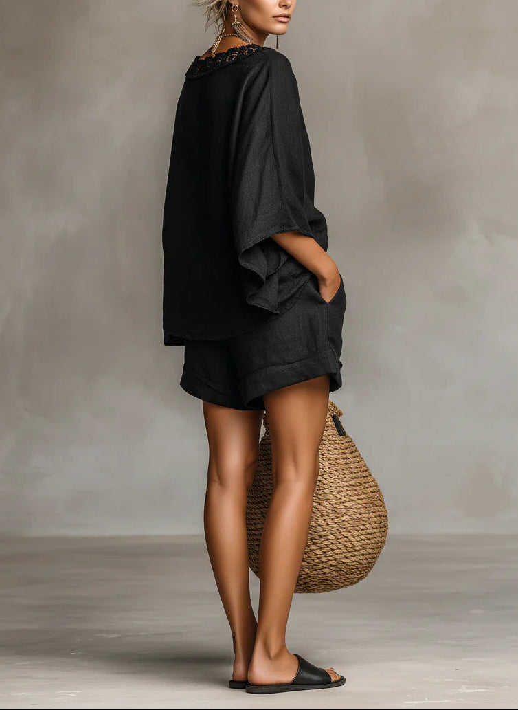 Lila Lace Boat Neck Blouse and Shorts Set