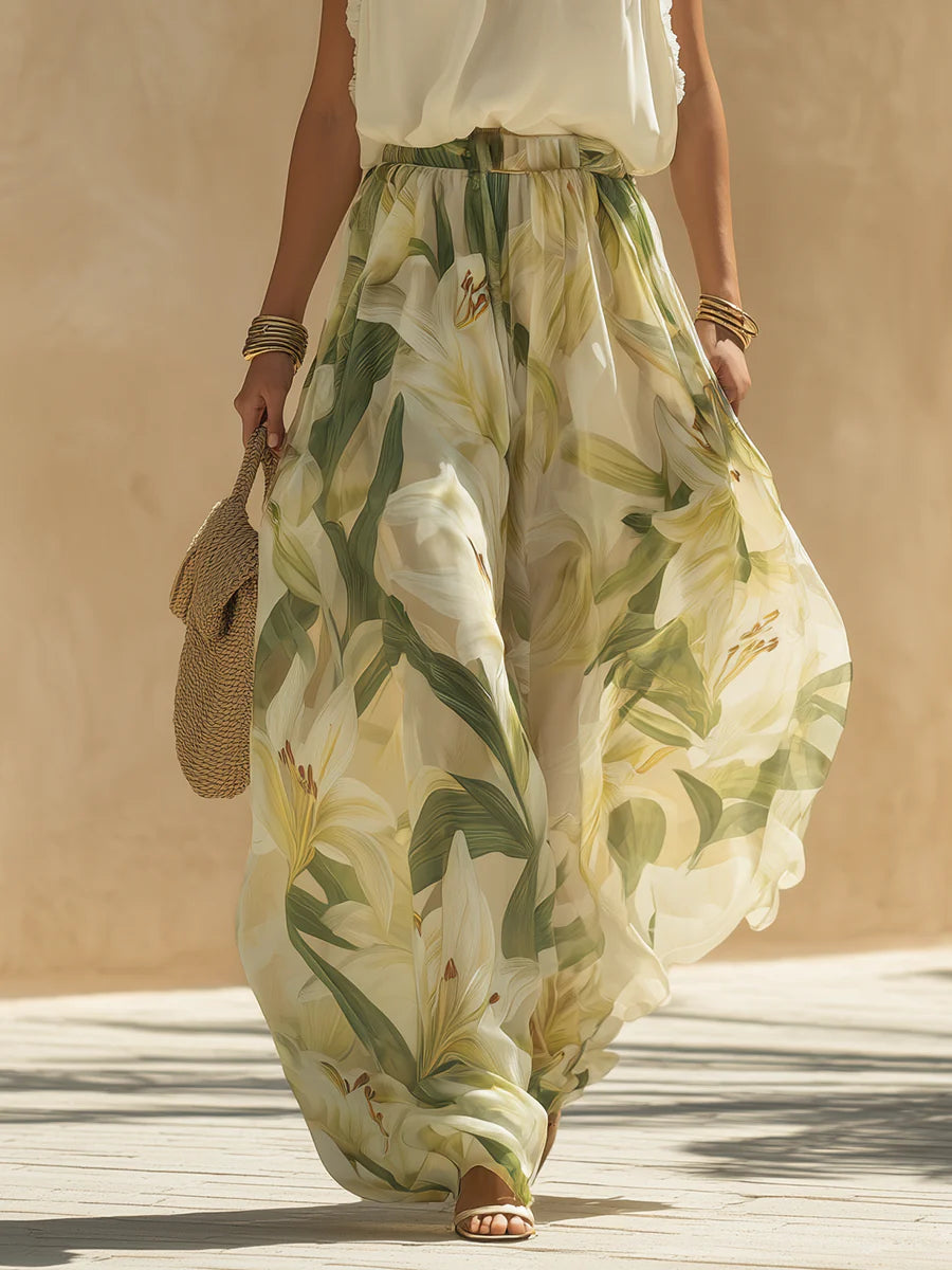 Lila Chiffon Ruffled Top and Lily Print Pants Set