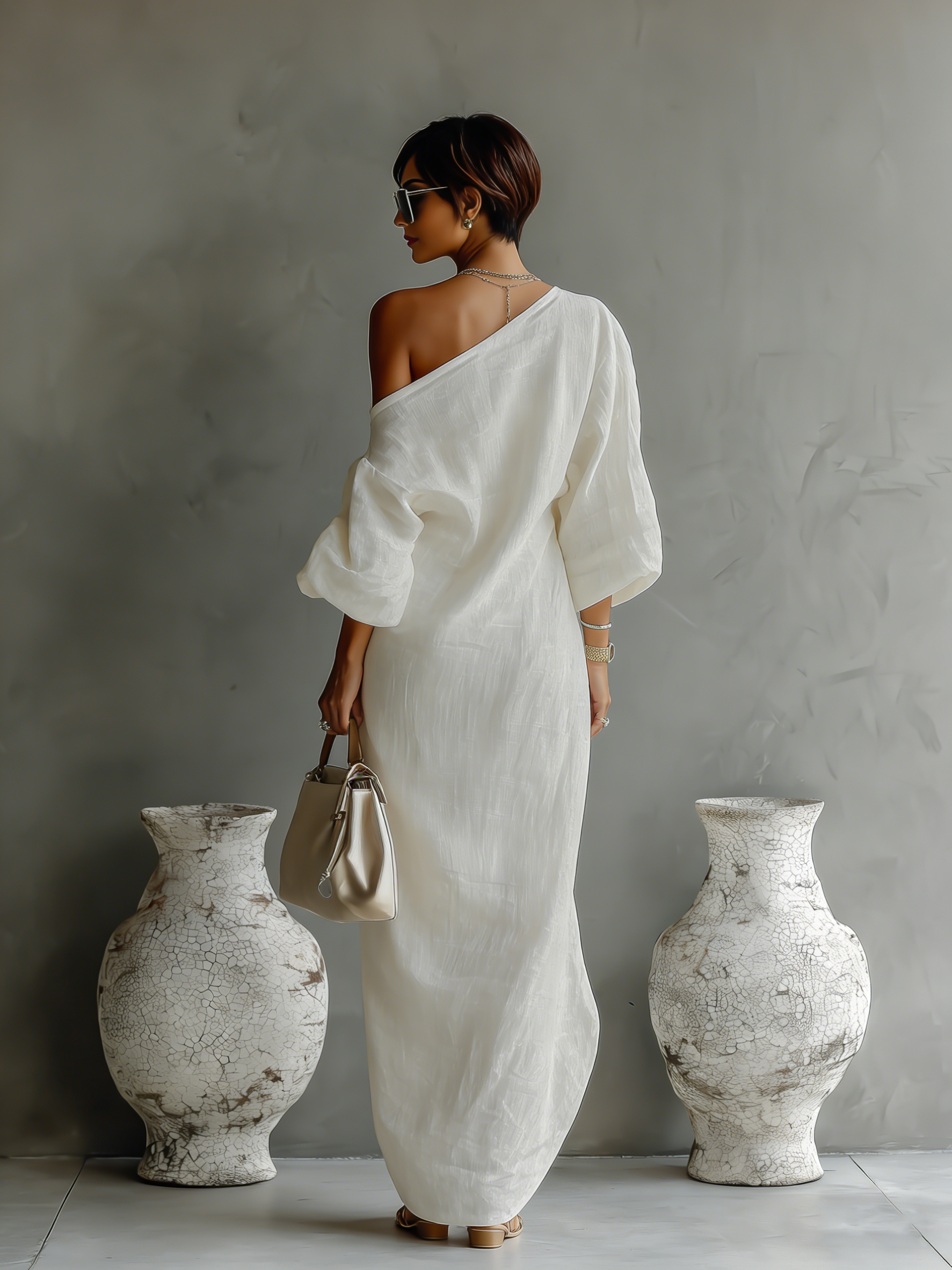 Elegant Flowing Dress in Ivory White with Off-Shoulder Design