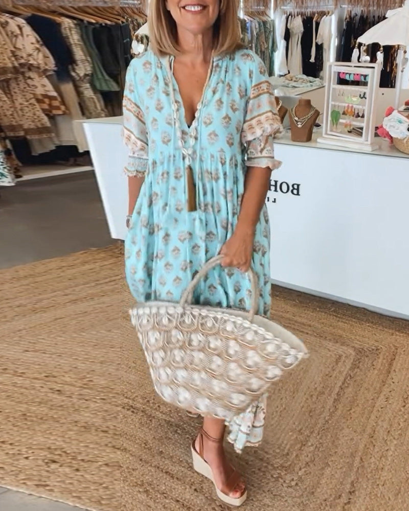 GIULIA | Midi Dress with V-neck and Elegant Balloon Sleeves