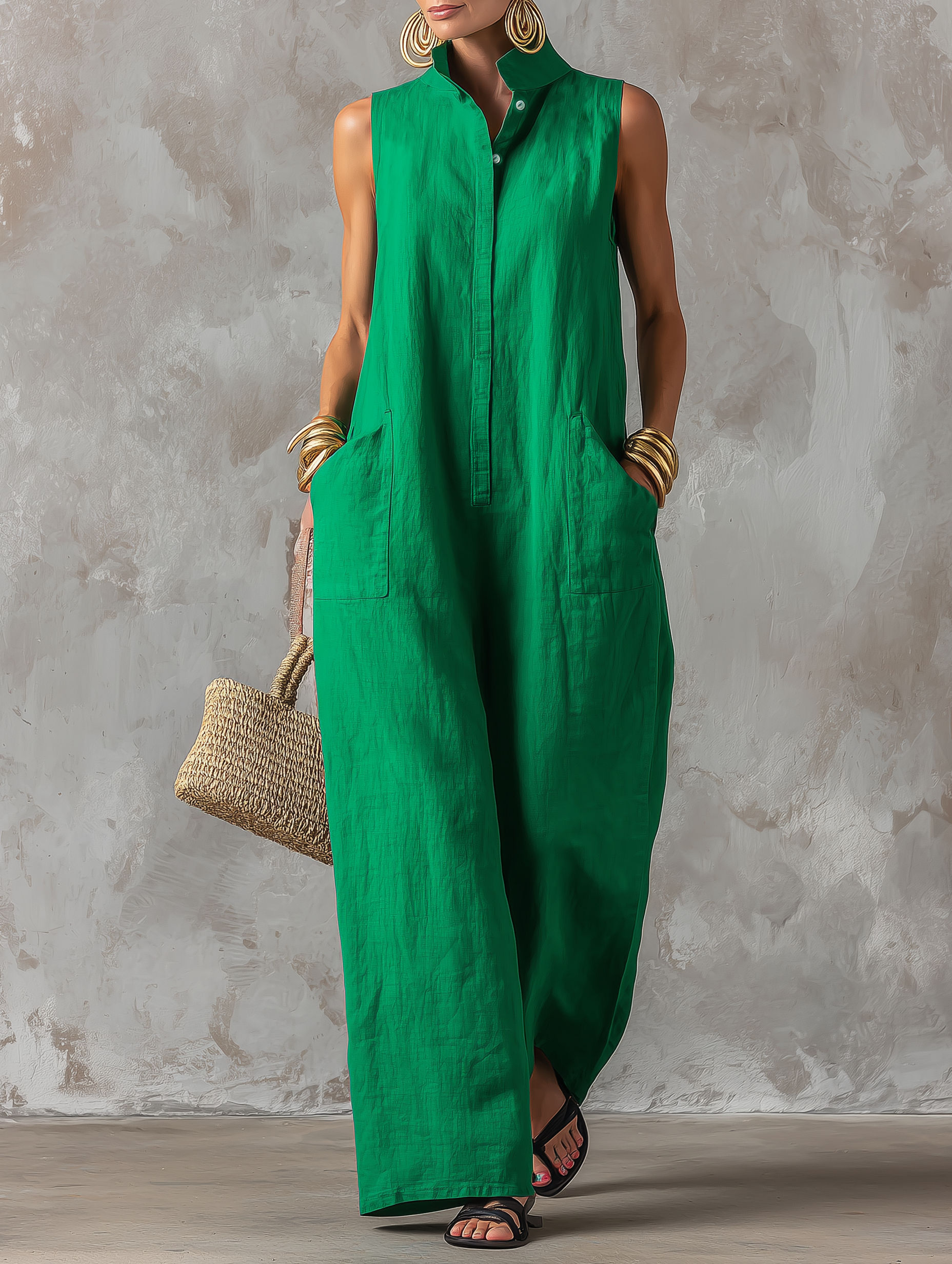 Jerline™ Sleeveless Maxi Jumpsuit Wide Leg Style with Front Pockets