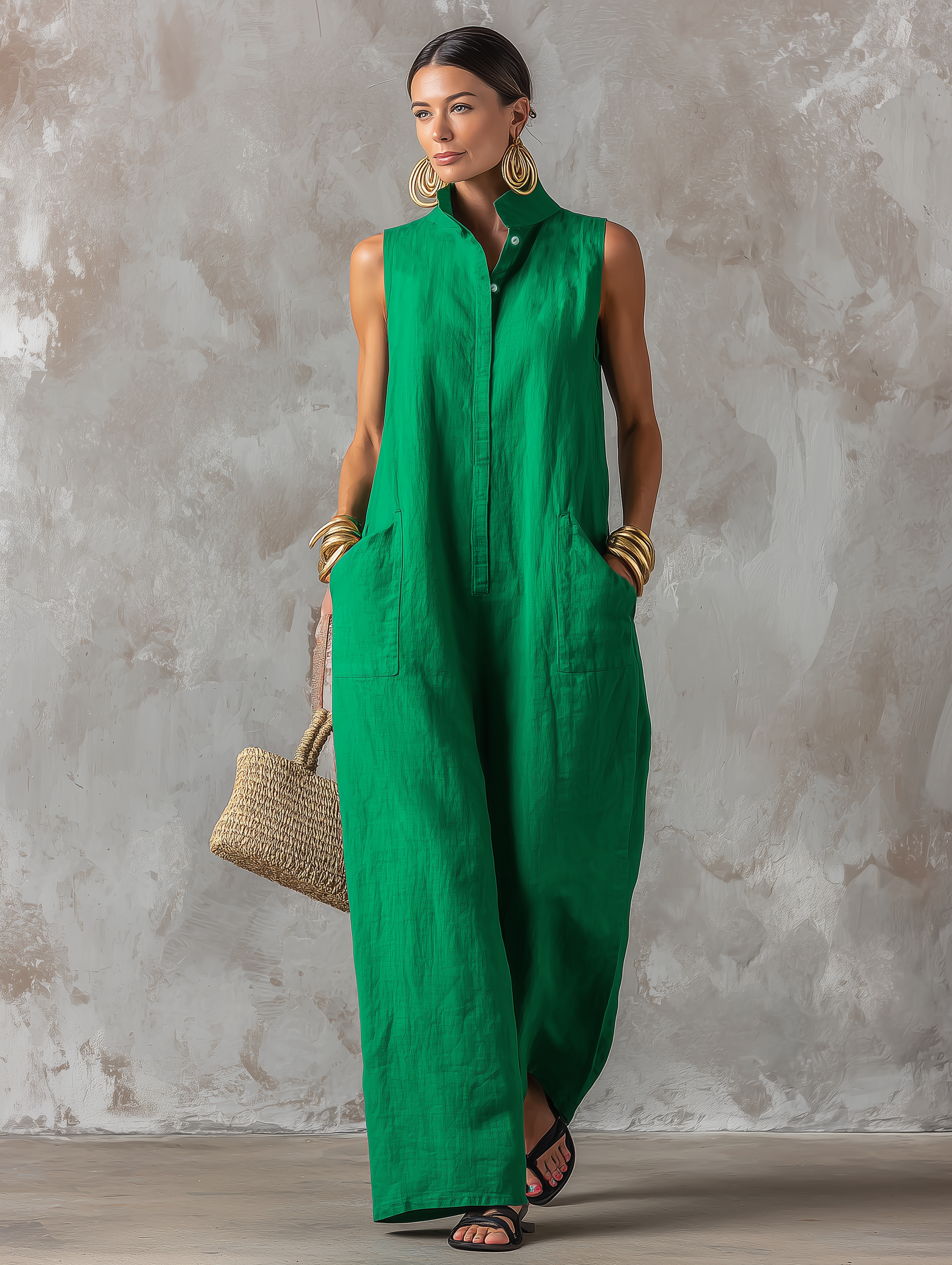 Jerline™ Sleeveless Maxi Jumpsuit Wide Leg Style with Front Pockets