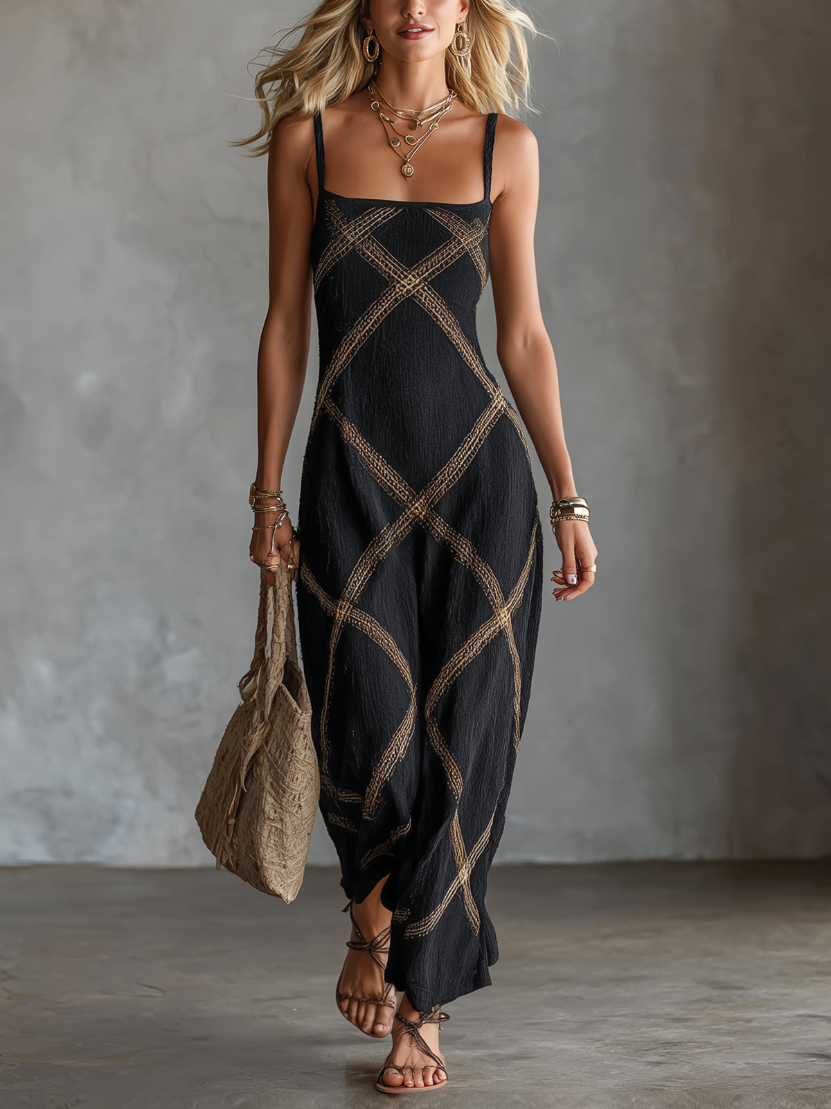 MARIGOLD | Geometric Print Square Neck Maxi Dress