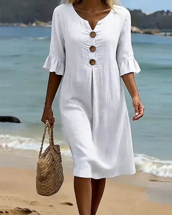 Vanesa™ | Textured Dress with Puff Sleeves and Buttons