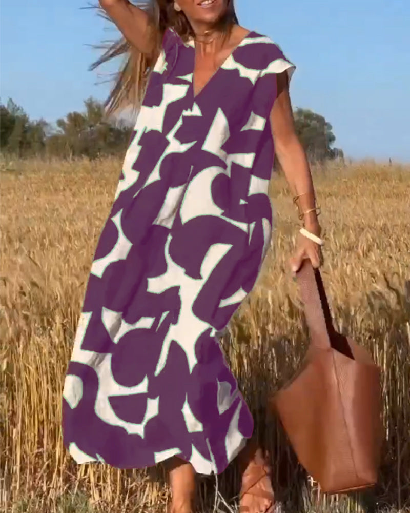 NAOMI | Long Printed Dress with V-Neck and Flared Fit for a Vacation Look