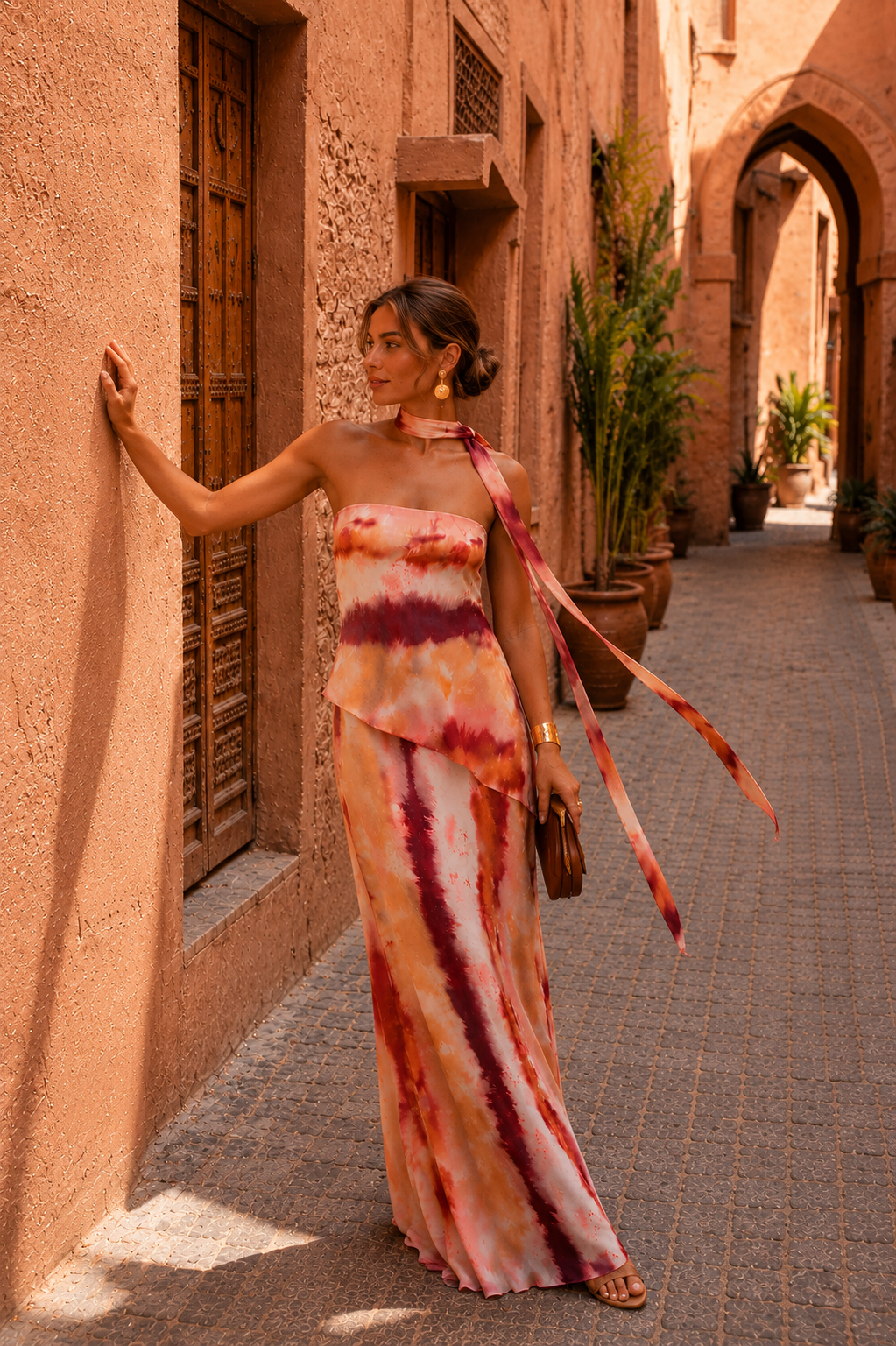 Long printed dress with sweetheart neckline