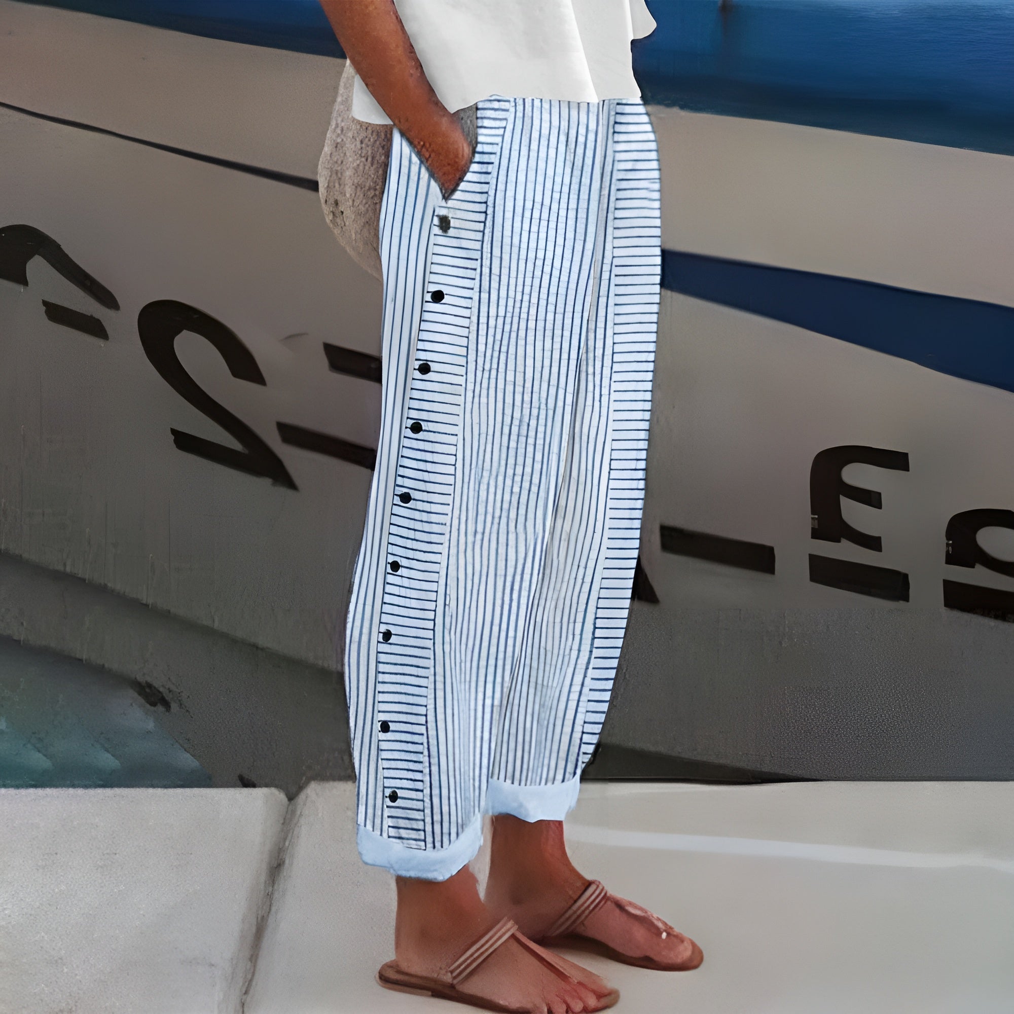 ELENA | Light Summer Pants with Thin Stripes and Side Buttons for Casual Chic Style