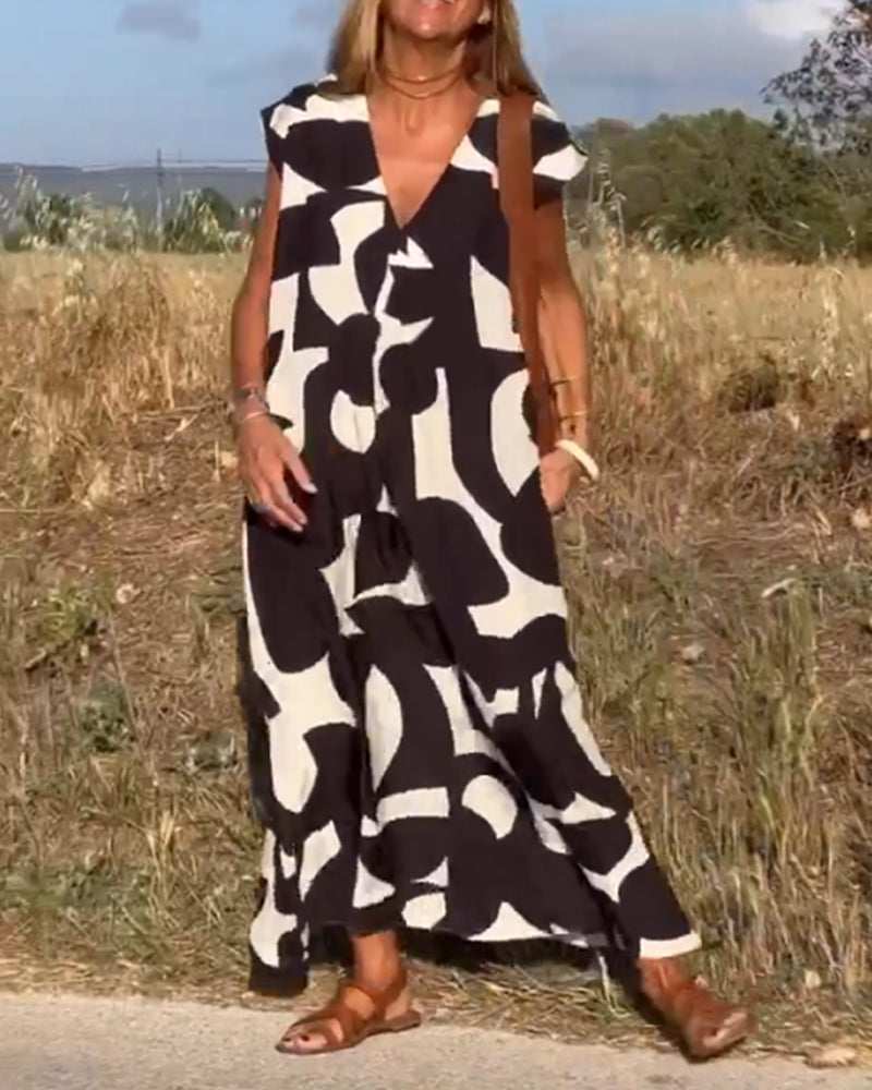 NAOMI | Long Printed Dress with V-Neck and Flared Fit for a Vacation Look