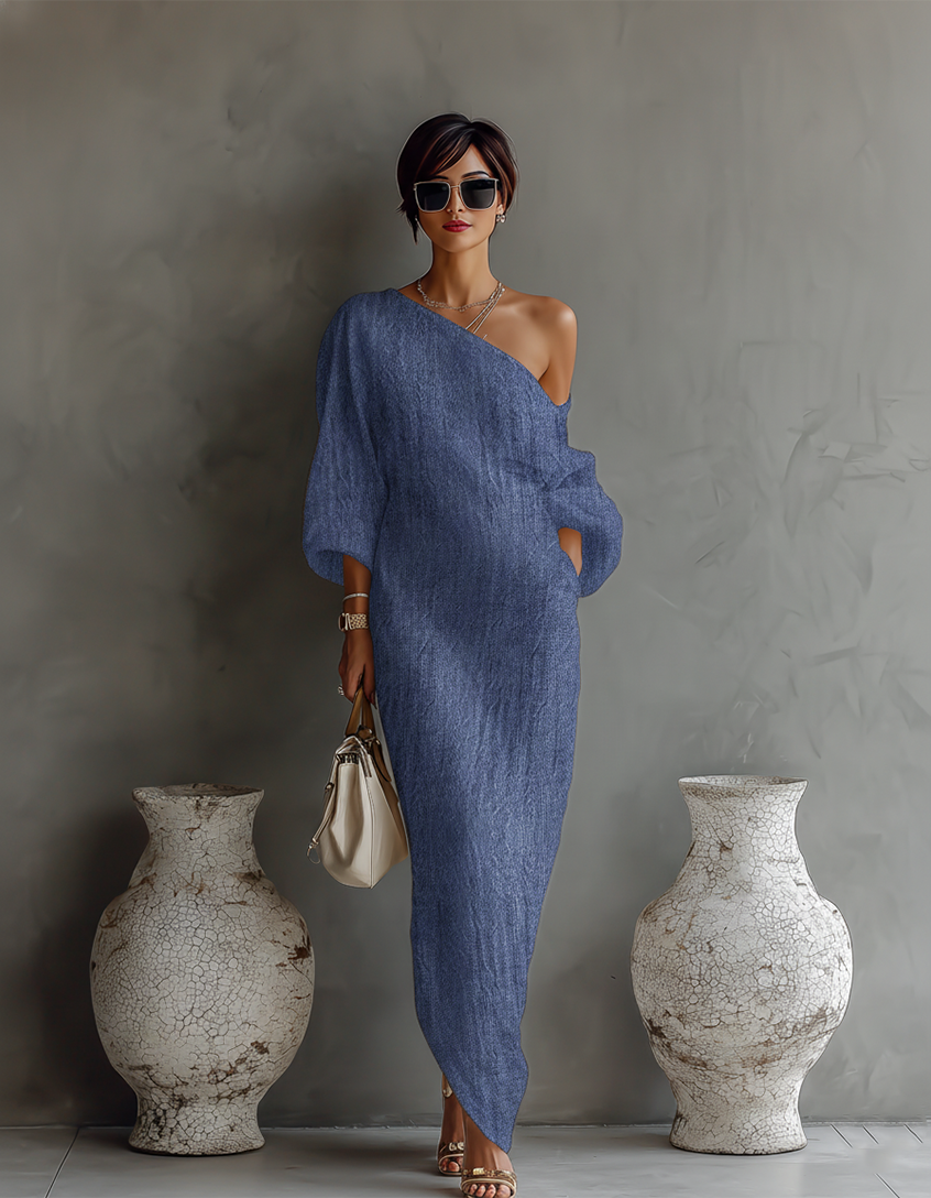 Elegant Flowing Dress in Ivory White with Off-Shoulder Design