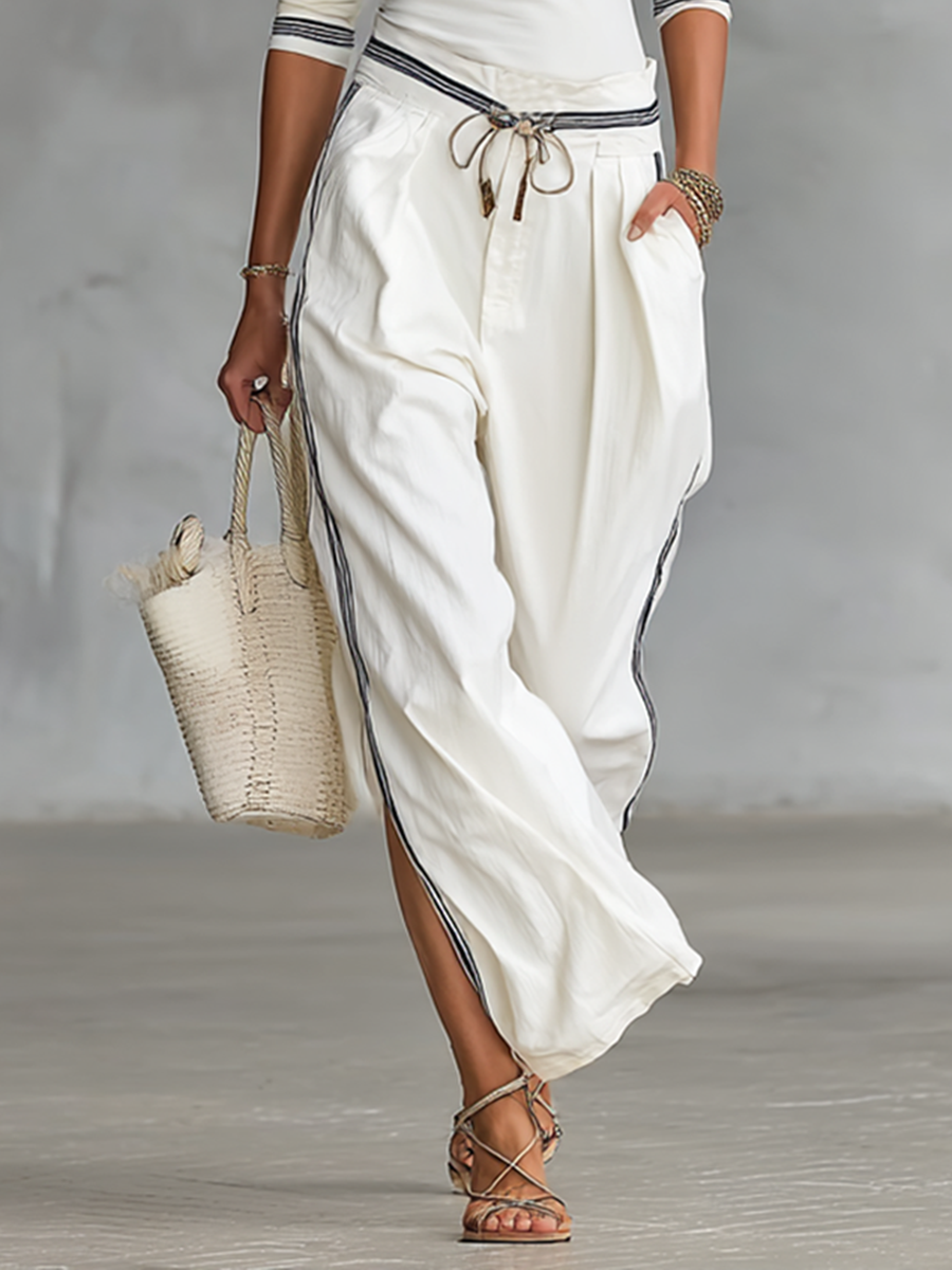 HALO | High-Neck Striped Trim Top Drawstring Wide-Leg Pants Set
