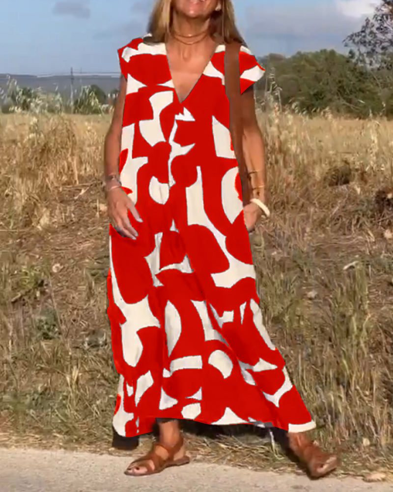 NAOMI | Long Printed Dress with V-Neck and Flared Fit for a Vacation Look