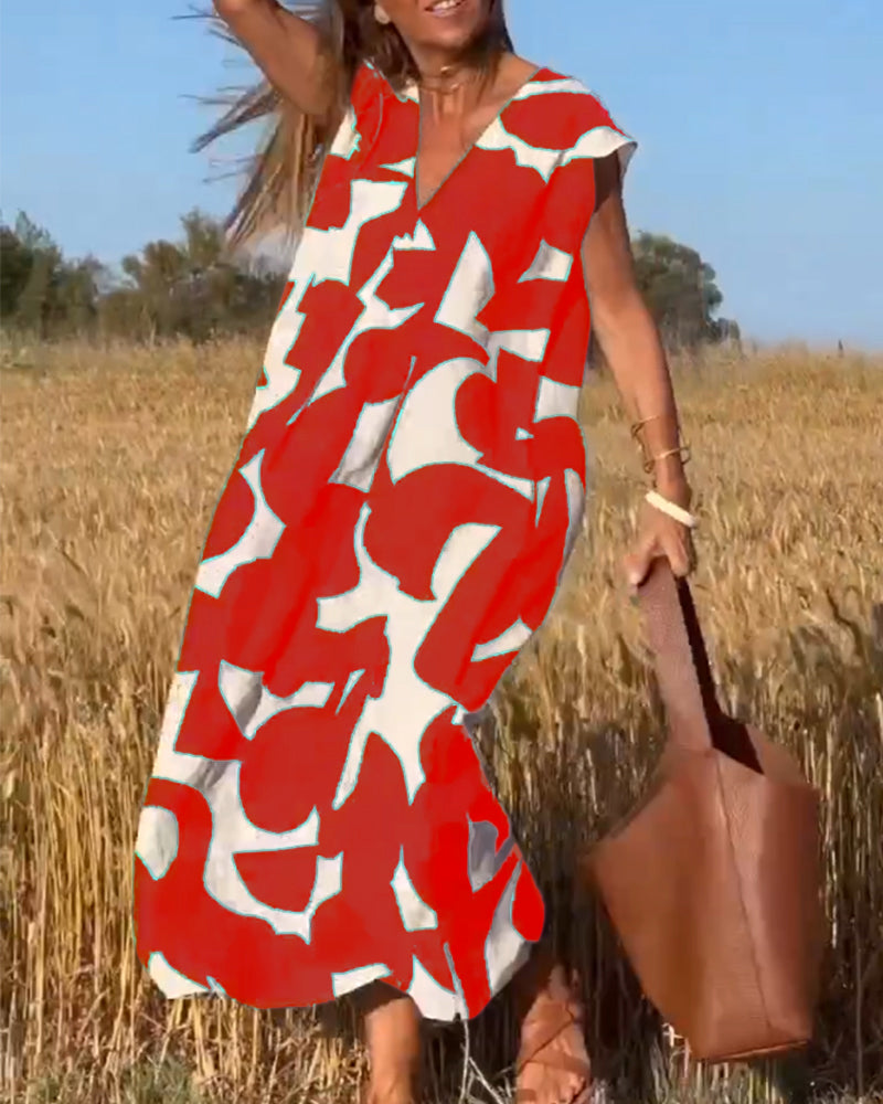 NAOMI | Long Printed Dress with V-Neck and Flared Fit for a Vacation Look