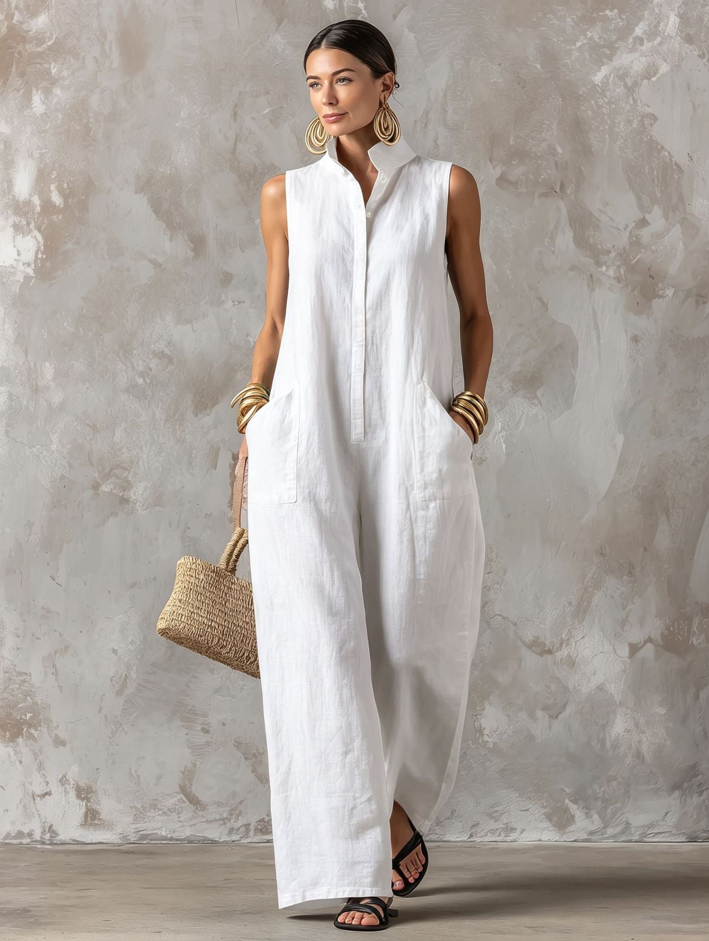 Jerline™ Sleeveless Maxi Jumpsuit Wide Leg Style with Front Pockets