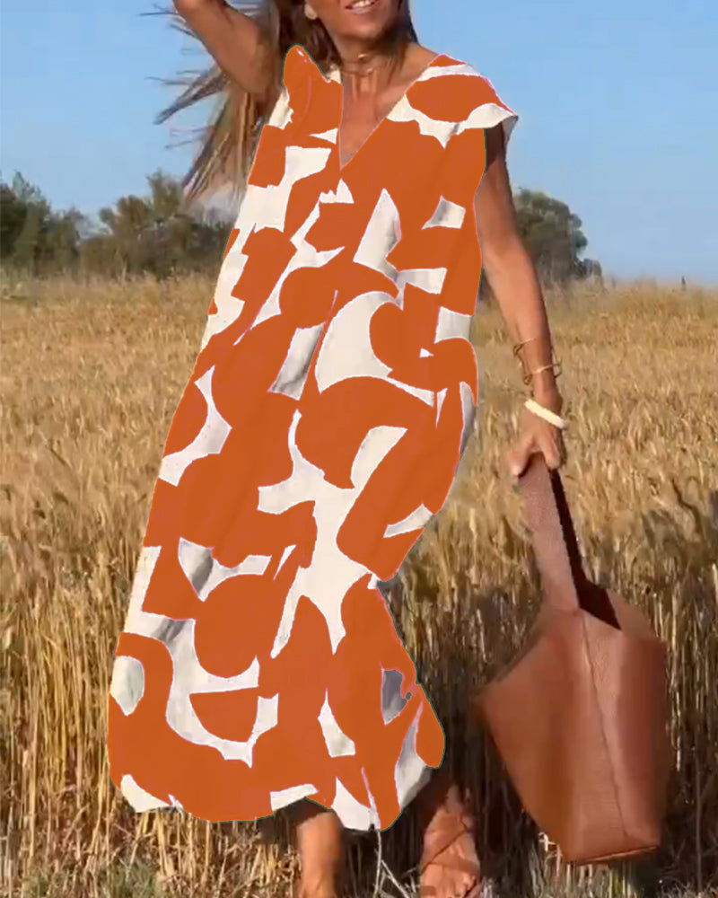 NAOMI | Long Printed Dress with V-Neck and Flared Fit for a Vacation Look